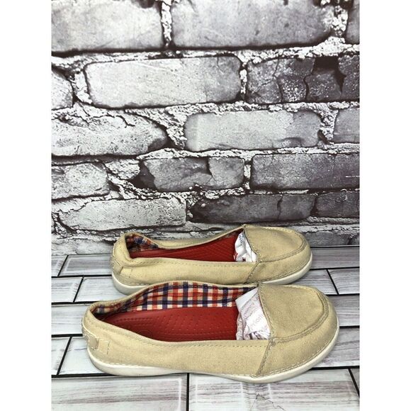 Crocs Melbourne II Khaki Canvas Slip on Loafers Boat Shoes Women’s Sz 6M US/36EU - Picture 6 of 16